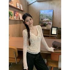 批发实拍 真实价 纯欲辣妹蝴蝶结V领<b class='q'>蕾丝</b>裤上衣女短款打底衫长袖T恤