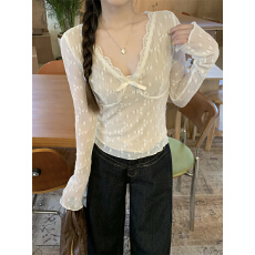 批发实拍 真实价 纯欲辣妹蝴蝶结V领<b class='q'>蕾丝</b>裤上衣女短款打底衫长袖T恤