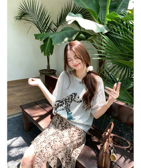 성분 65 면 35 폴리에스터 여름 새로운 한국 스타일 루즈핏 슬림해 보이는 스팟 강아지 프린트 티셔츠 맨위 여성