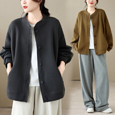 批发实拍大码<b class='q'>女装</b><b class='q'>休闲</b>风纯色针织棉卫衣外套秋季宽松立领长袖开衫上衣