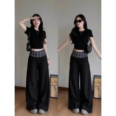 批发黑色格子拼接<b class='q'>西装</b>阔腿裤女2026新款宽松慵懒风垂感休闲长裤