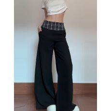 批发黑色格子拼接<b class='q'>西装</b>阔腿裤女2026新款宽松慵懒风垂感休闲长裤