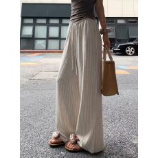 批发米杏色亚麻条纹阔腿裤女夏2026<b class='q'>大码</b>胖MM休闲宽松垂感小个子棉麻裤