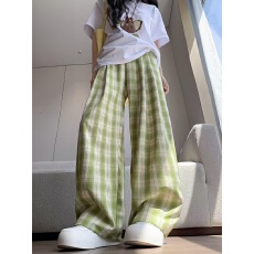 批发原版色织格子   <b class='q'>大码</b><b class='q'>女裤</b>胖MM蓝色冰丝格子裤子女2026年夏季