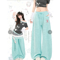 美式满印波点运动休闲裤裤女款2026夏季新款松紧腰抽绳长裤