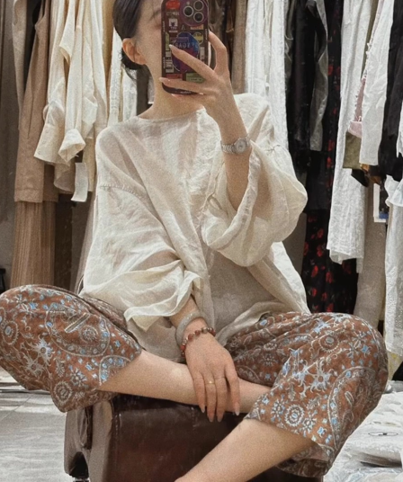 여름 새로운 작은 대중 디자인 허리밴드 다용도 레트로 꽃무늬 9부 바지