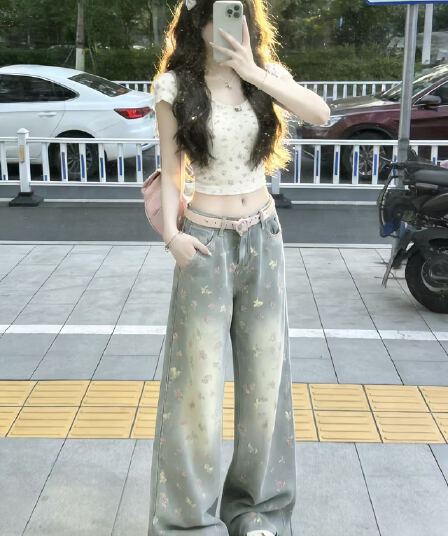 아메리칸 레트로 핫걸 청바지 여성 작은 대중 루즈핏 슬림해 보이는 스트레이트 넓은 다리 바닥 청소 바지