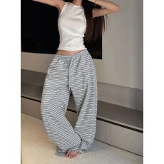 批发灰色条纹秋季小个子宽松百搭拖地长<b class='q'>裤</b>子直筒休闲<b class='q'>裤</b><b class='q'>阔腿裤</b>女