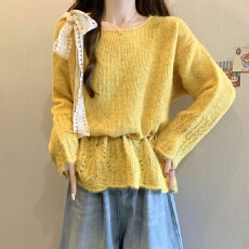 批发实拍~2025新款蕾丝蝴蝶结系带套头毛衣<b class='q'>春</b>秋甜美宽松针织衫上衣女