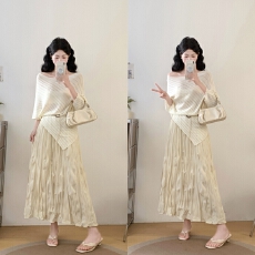 批发实拍~大码高级感气质套装 不规则针织衫+垂感褶皱长裙显瘦两件套