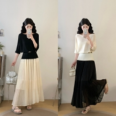 批发实拍大码女装温柔风两件套蝙蝠袖收腰上衣+百褶长裙 显瘦遮肚套装