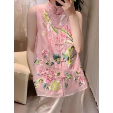 批发高级感真丝<b class='q'>欧根纱</b>绣花马夹背心外套女早春新中式国风粉色马甲上衣