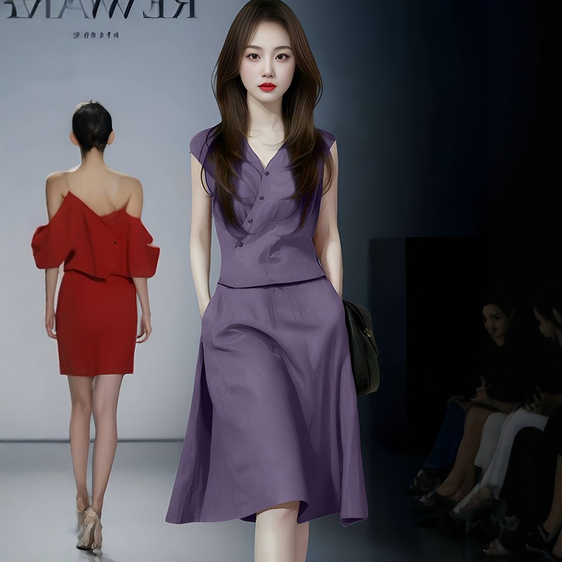 2025 여름 새로운 한국 스타일 디자인 패션 외국 가스 고급 센스 품격 슬림해 보이는 연령 감소 맨위 반 스커트 세트 여성
