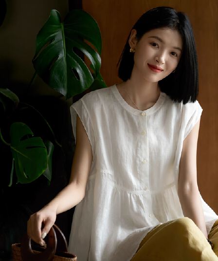 달빛 아래서 화이트 티 센 부서 작은 날다 소매 인형 셔츠 얇고 가벼운 아마 프랑스식 루즈핏 민소매 맨위 여성