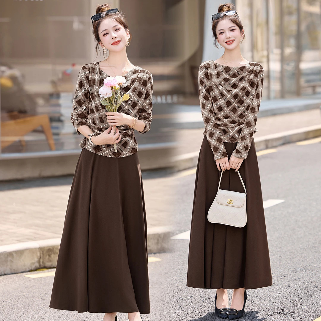 디자인 센스 체크무늬 배색 세트 드레스 여성 2025 봄 가을 새로운 명문 여성 바람 우아함 품격 반신 스커트 투피스 세트