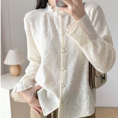 批发高品质设计师款全羊毛提花木耳领袖针织开衫