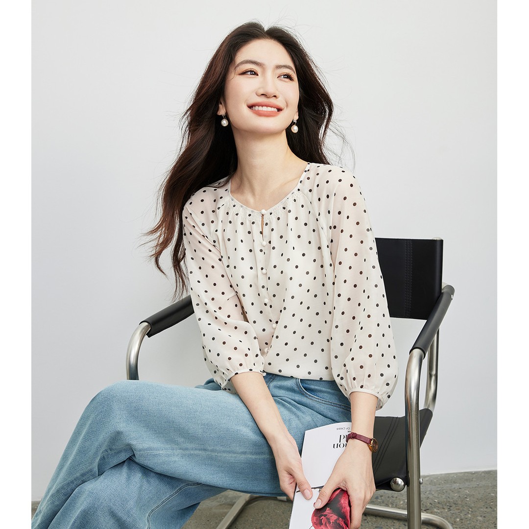 도트 무늬 꽃무늬 쉬폰 블라우스 여름 루즈핏 5 점 소매 셔츠 셔츠 여성