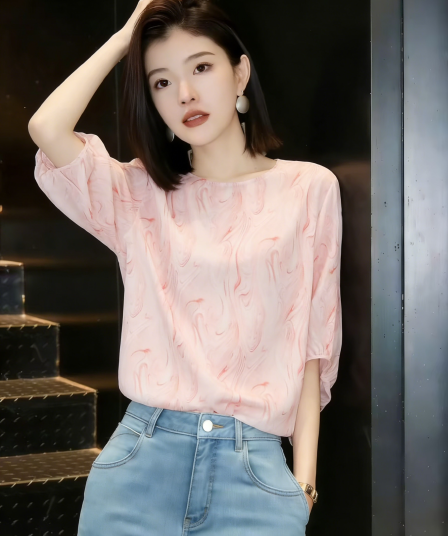부드러운 바람 분말 색 후광 염색 거품 소매 쉬폰 블라우스 루즈핏 슬림해 보이는 품격 다용도 출퇴근 맨위 2026 여름