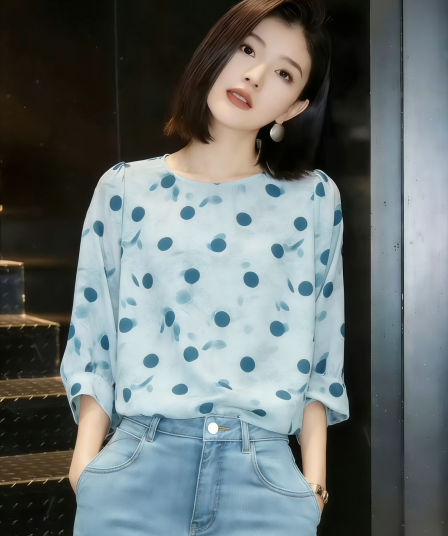 부드러운 안개 블루 대 도트 무늬 쉬폰 블라우스 7부 소매 루즈핏 표지 고기 슬림해 보이는 다용도 출퇴근 맨위 여성