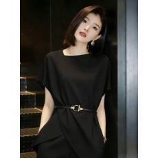 高级感黑色不规则上衣女夏季新款收腰显瘦气质通勤短袖雪纺衫
