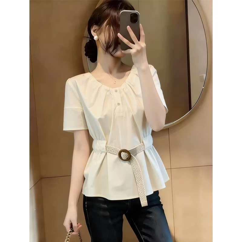 패션 디자인 센스 주름 허리 수축 반팔 여성 셔츠 여름 빅 사이즈 지방 mm 품격 연령 감소 슬림해 보이는 화이트 맨위