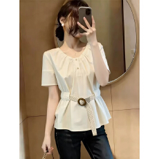 批发时尚设计感褶皱收腰短袖衬衫女夏季大码胖mm气质减龄显瘦白色上衣