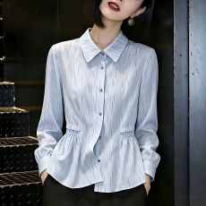 批发2026<b class='q'>春</b>季新款女装简约百搭拼接条纹松紧收腰显瘦长袖衬衫