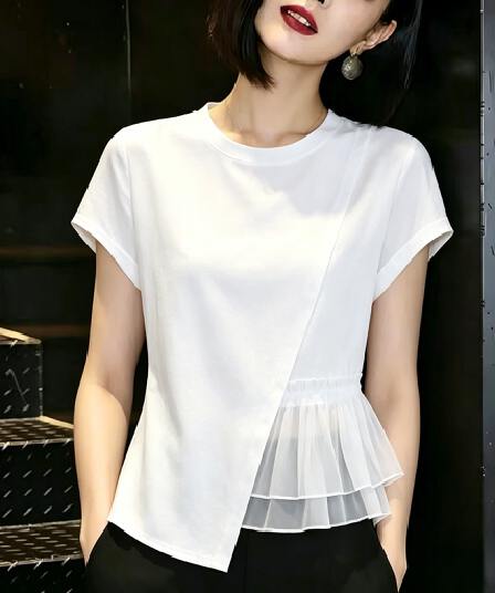 화이트 라운드 넥 반팔 디자인 센스 티셔츠 여성 여름 새로운 유럽 오간자 패치워크 면