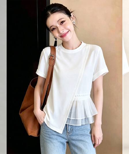화이트 라운드 넥 반팔 디자인 센스 티셔츠 여성 여름 새로운 유럽 오간자 패치워크 면