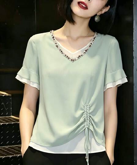 26 여름 새로운 여성 미니멀리즘 다용도 리본 연꽃 잎 소매 펌프 Pleat 배색 페이크 레이어드 쉬폰 셔츠