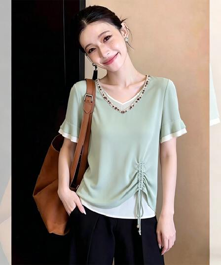 26 여름 새로운 여성 미니멀리즘 다용도 리본 연꽃 잎 소매 펌프 Pleat 배색 페이크 레이어드 쉬폰 셔츠