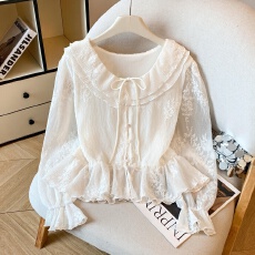 批发女士衬衫2026春新款杏色荷叶边刺绣v领长袖<b class='q'>收腰</b>衬衣外穿上衣洋气