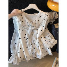 批发法式气质荷叶边V领波点<b class='q'>喇叭袖</b>雪纺衬衫女柔软上衣玫瑰小衫