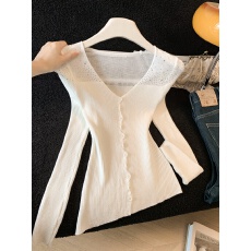 批发不规则烫钻纽扣针织衫V领<b class='q'>长袖</b><b class='q'>打底衫</b>女时尚气质修身显瘦开衫上衣