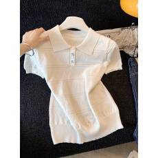 批发韩版2026夏季新款温柔风镂空提花蝴蝶结刺绣翻领短袖<b class='q'>针织衫</b>女