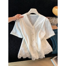 批发小香风蕾丝镂空刺绣v领短袖衬衫<b class='q'>女士</b>夏季洋气减龄<b class='q'>小衫</b>小个子上衣