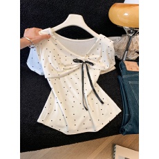 蝴蝶结波点短袖T恤2026夏季新款不对称领女上衣女修身