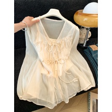 批发抗皱醋酸V领法式防晒灯笼袖衬衫上衣设计感衬衣女吊带背心两件套