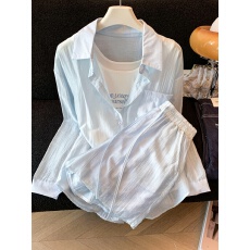 批发夏季吊带短裤衬衫三件套装~休闲<b class='q'>宽松</b>防晒衬衣外套