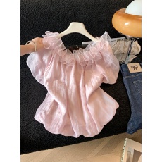 批发木耳边花苞一字肩雪纺<b class='q'>衬衫</b>女夏季新款宽松气质漂亮短袖上衣