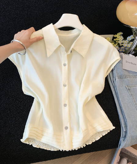 한 부서 chic 화이트 폴로 칼라 작은 날다 소매 주름 여성 셔츠 2026 여름 캐주얼 미니멀리즘 품격 다용도 셔츠