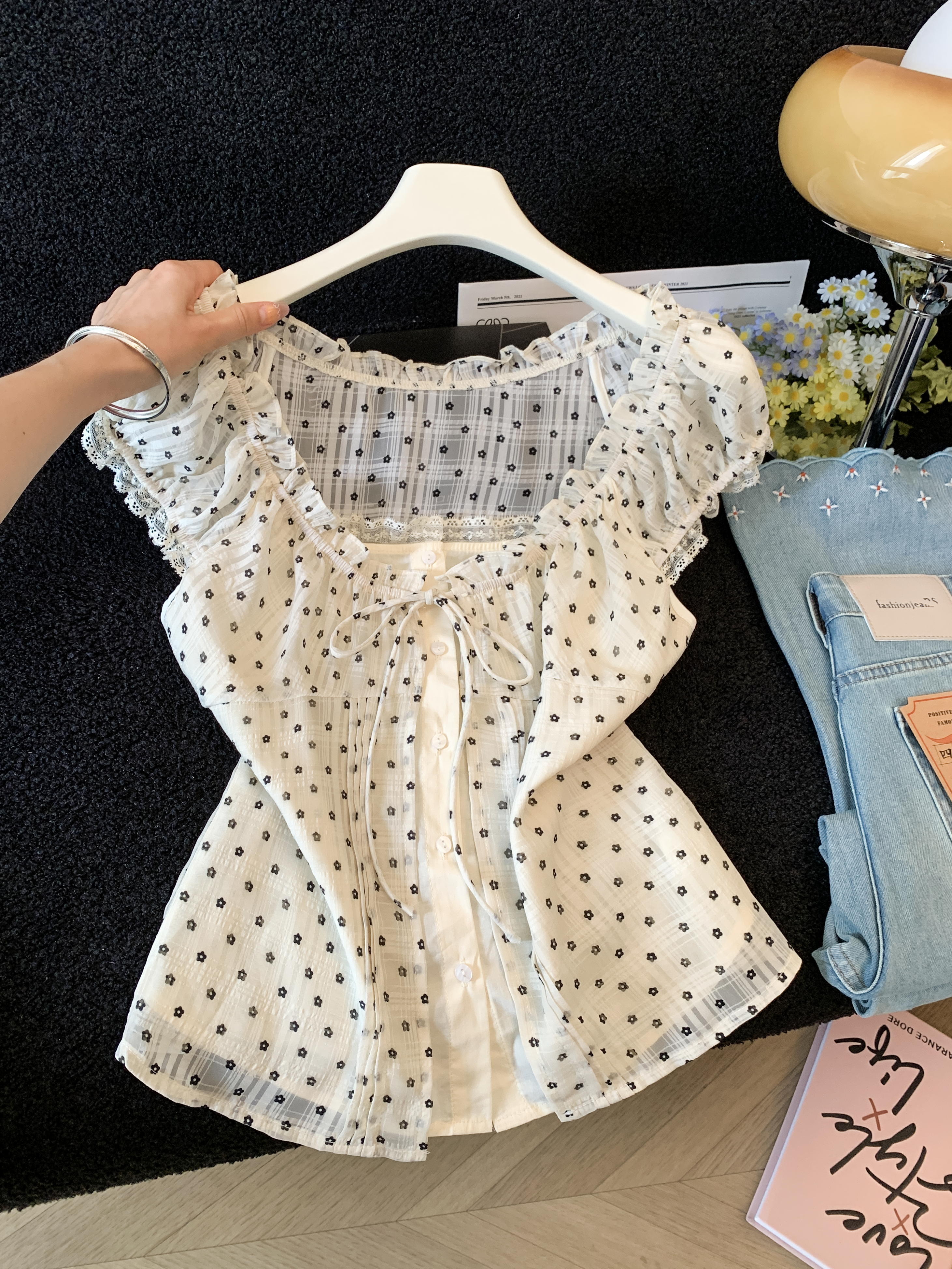 한 부서 달콤함 부드러운 꽃무늬 도트 무늬 페이크 레이어드 반팔 여성 셔츠 Chic 작은 대중 작은 셔츠 맨위 여름