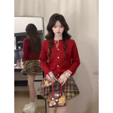 格纹拼接麻花针织开衫女春秋韩系红色毛衣外套格子半身裙两件套装