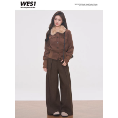 批发11.6新品 WESTAYONE咖色短款毛呢外套修身棉服女士小个子+阔腿裤
