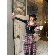 批发织物猪fabricpig莓果<b class='q'>丝绒</b>  暗黑风不规则长裙<b class='q'>套装</b>女冬黑紫半身裙