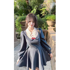 批发假两件波点印花绑带呢子<b class='q'>连衣裙</b>女收腰千金风裙