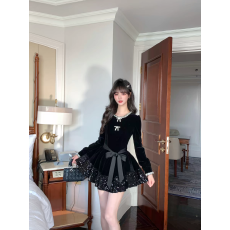 批发越韩小鱼 千金晚宴 重工镶钻亮片丝绒蓬蓬<b class='q'>连衣裙</b>千金小黑裙女礼裙