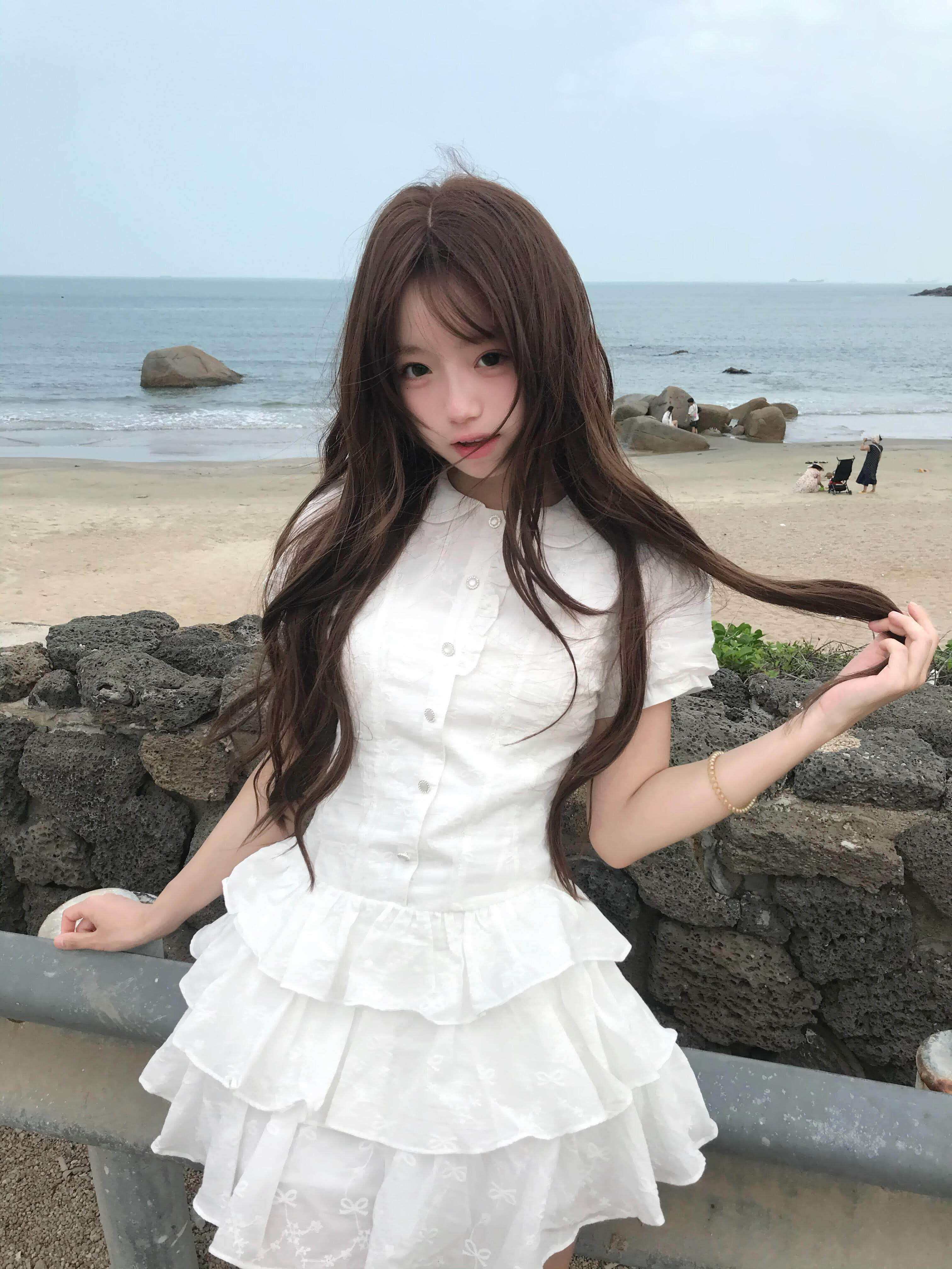 한 부서 학원 스타일 거품 소매 화이트 셔츠 여성 드레스 여름 핫걸 착용 가져 가라. 한 마디 쇼트 스타일 케이크 치마