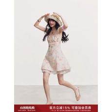 Cream Kitten 花间漫步 粉色碎花连衣裙女夏季收腰显瘦方领吊带裙