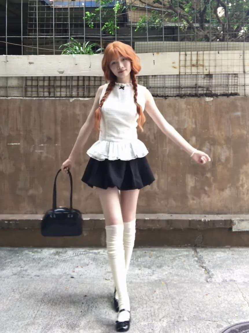 한 부서 천 금빛 바람 품격 민소매 체크무늬 맨위 달콤함 캐주얼 소녀 센스 꽃밭 치마 반신 미니 스커트 투피스 세트